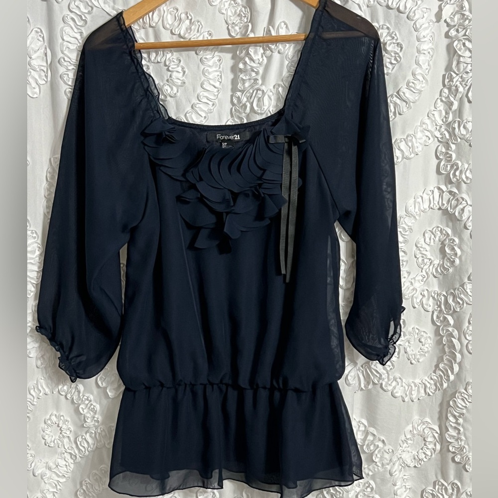 Forever 21 Top Womens Blue Ruffle Neckline Drop Waist Sheer Arms SP
